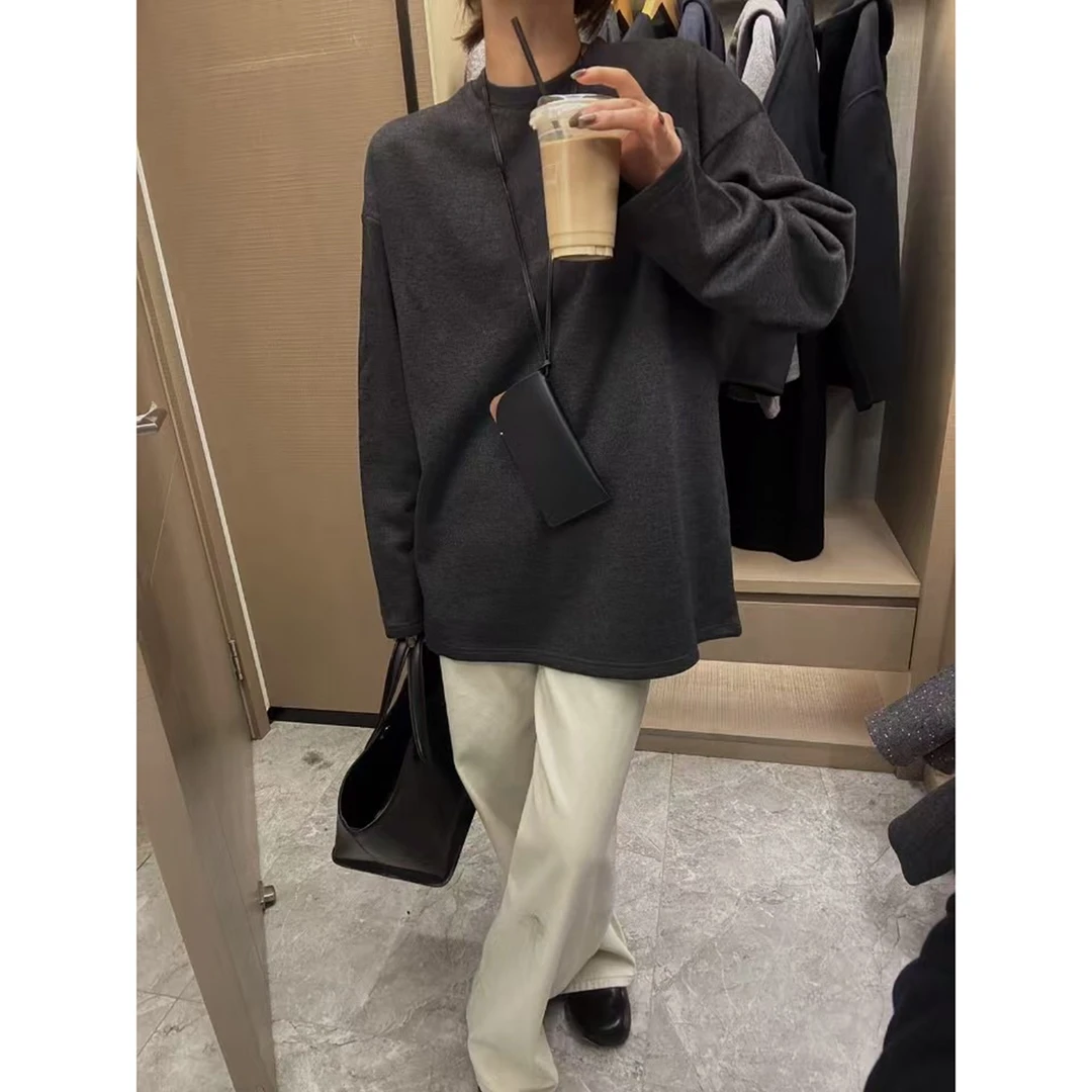 清QMGJ 24297 极简风纯色加绒加厚长袖T恤大版宽松慵懒风打底卫衣