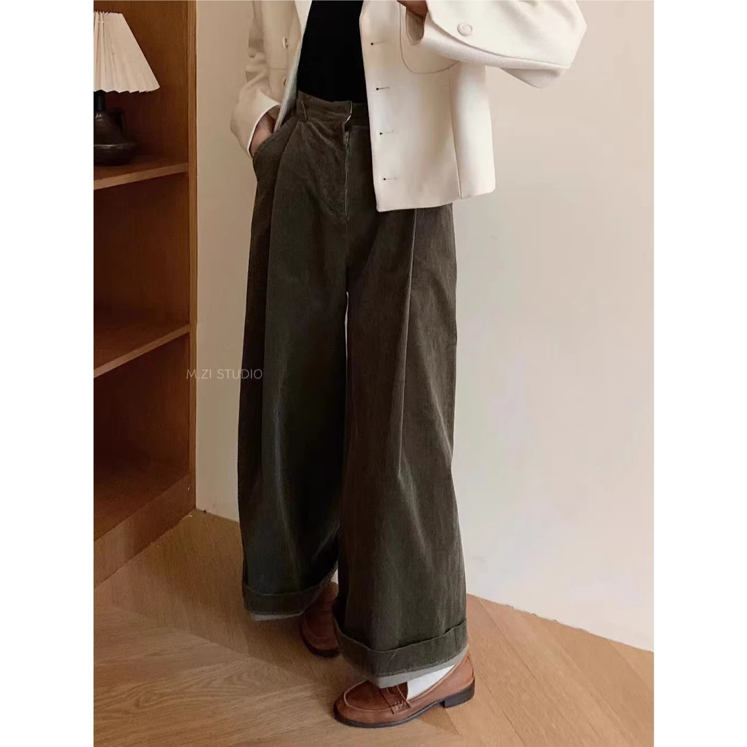 清 8006 法式复古灯芯绒阔腿裤子设计感卷边高腰宽松休闲裤 3686