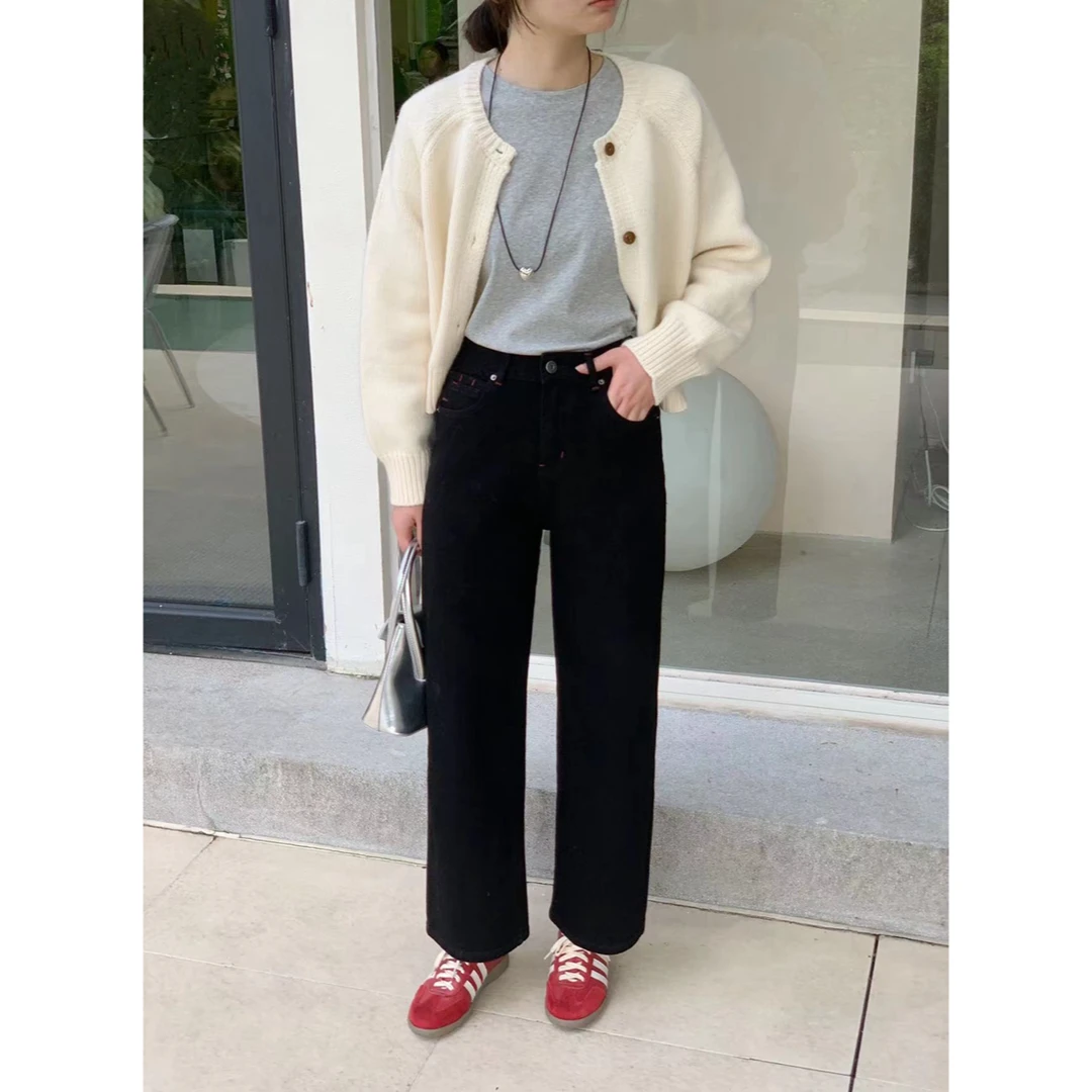 清XBR 66281 红皮标四面弹高腰直筒牛仔裤韩版显瘦烟管裤