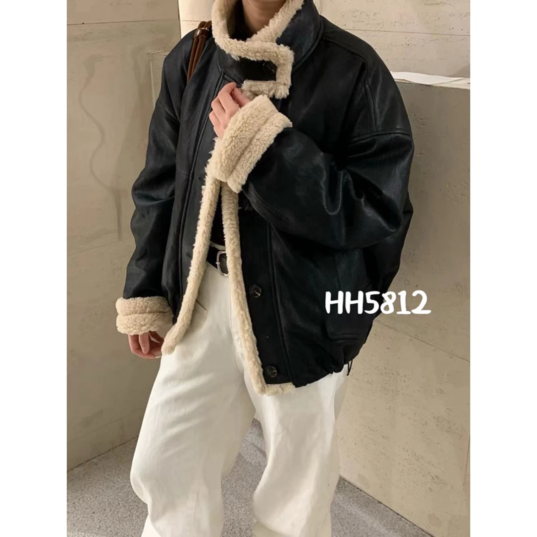 清 5812 欧货蛋白皮羊羔毛拼接立领羽绒服短款显瘦皮衣夹克外套