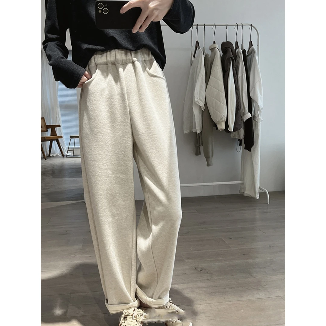 清 8871 韩系毛呢奶奶裤加厚休闲裤慵懒风松紧高腰宽松显瘦哈伦裤