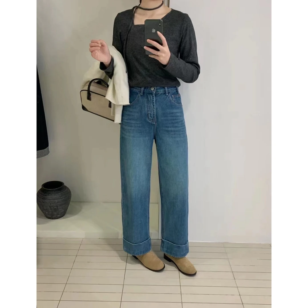 清 XBR 88379 复古蓝高腰显瘦牛仔裤卷边窄版直筒阔腿奶奶裤