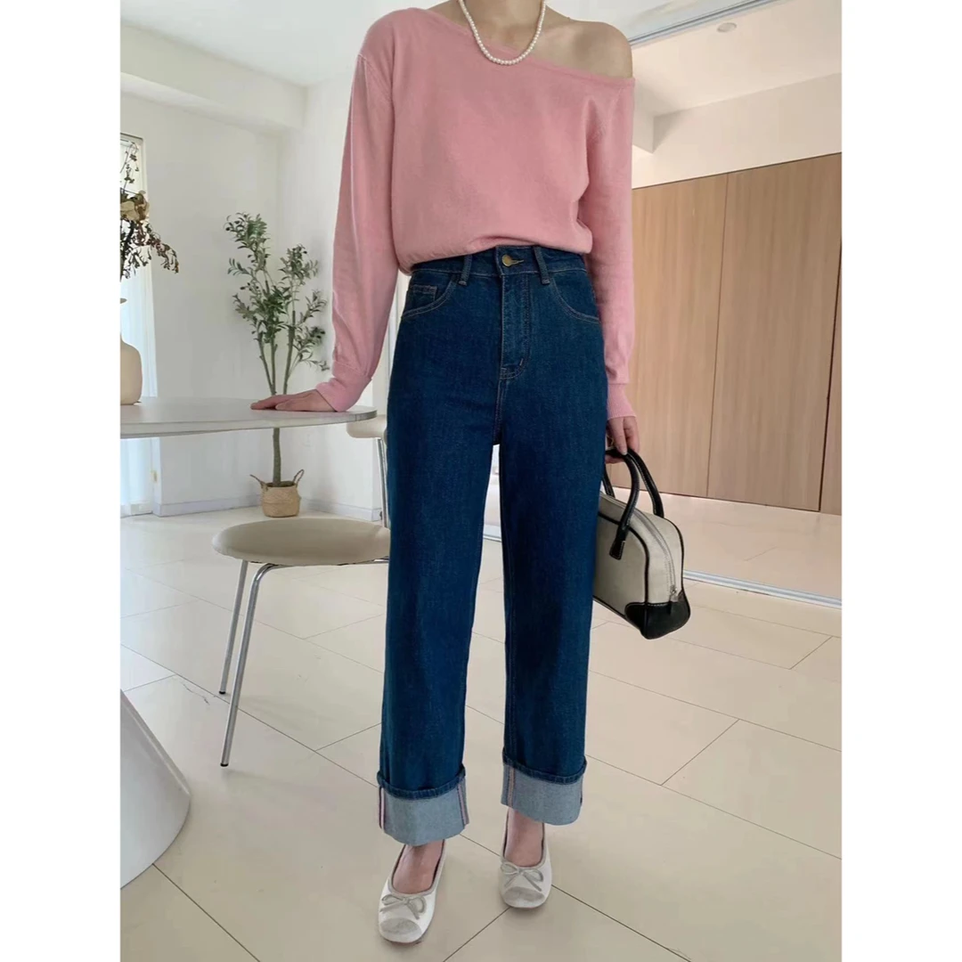 清 XBR 88738 粉皮标高腰显瘦弹力直筒牛仔裤卷边烟管裤法棍裤