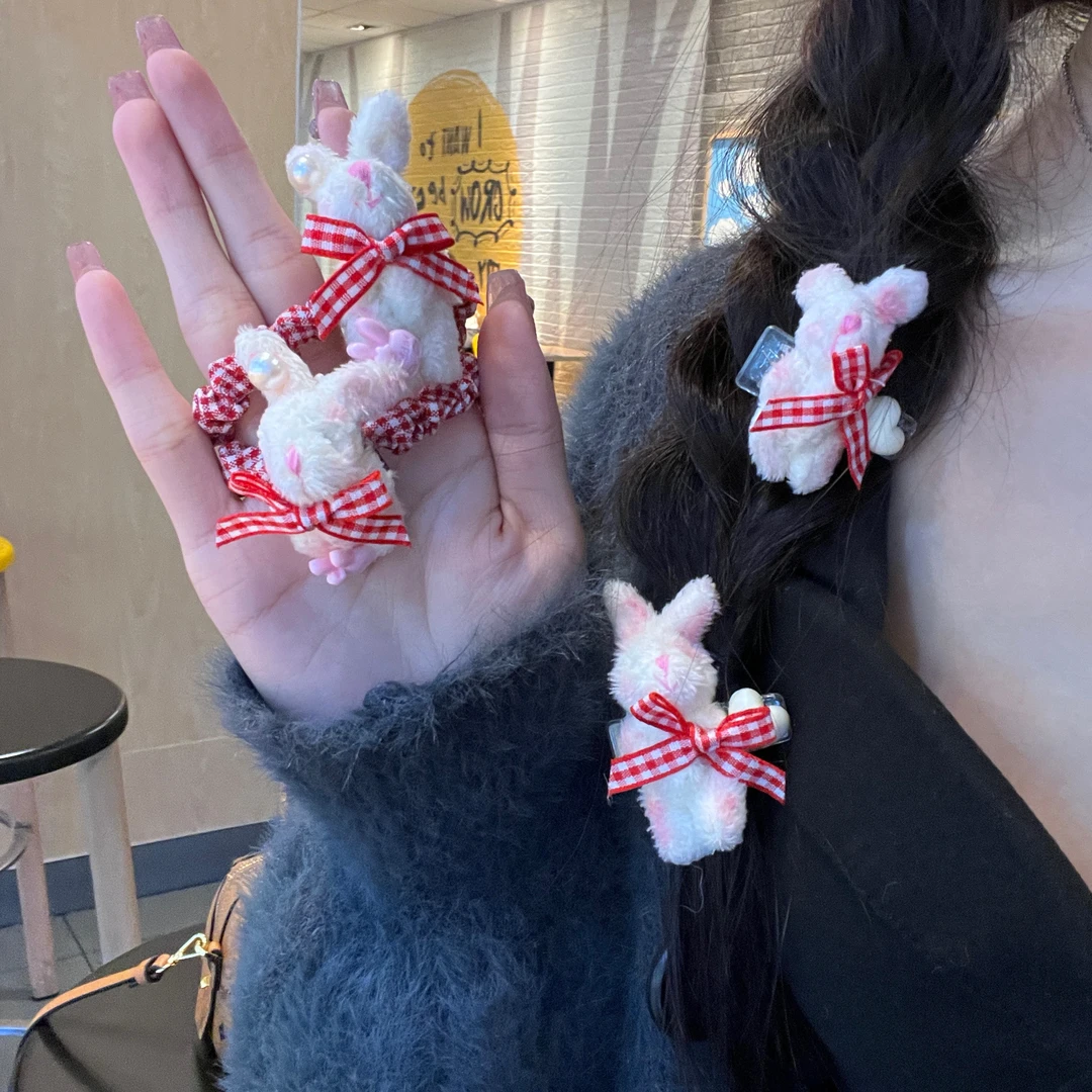 ins风腮红兔发夹辣妹少女氛围感毛绒发夹蝴蝶结侧边夹刘海夹发饰