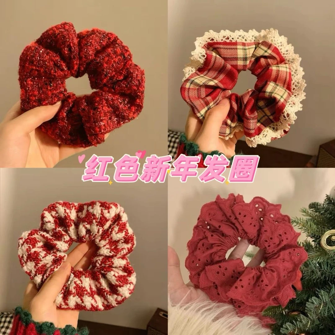 新年红系列!小香风毛呢格纹大肠圈发绳法式少女发圈头绳百搭发饰