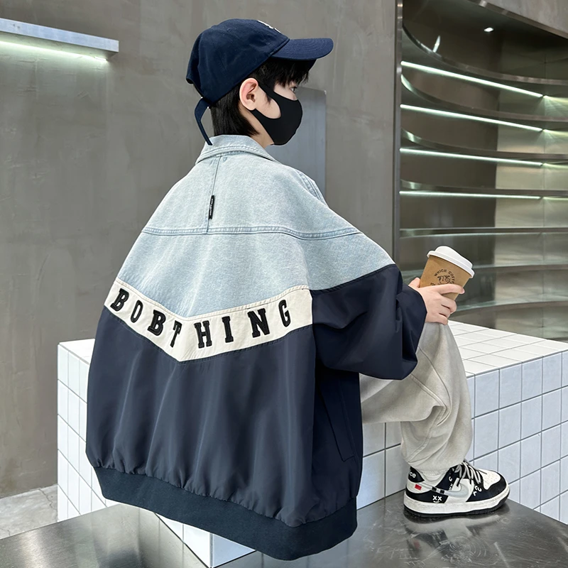 儿童装男童秋装牛仔外套2024新款中大童春秋款男孩帅气拼接衣服潮