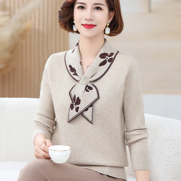 年轻妈妈装春秋时尚针织小衫中老年女装新款毛衣打底上衣时尚翻领