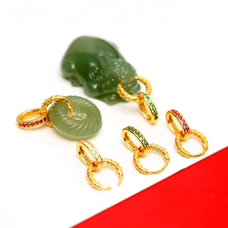 925银银制品 银镀金镶钻牛鼻孔扣头V孔左右孔横向夹扣万能扣配件