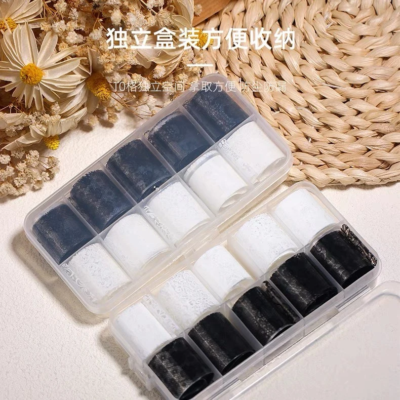 《转印纸》蕾丝黑白人鱼姬仙女炫彩半透转印胶印花偏光维爱美甲飞
