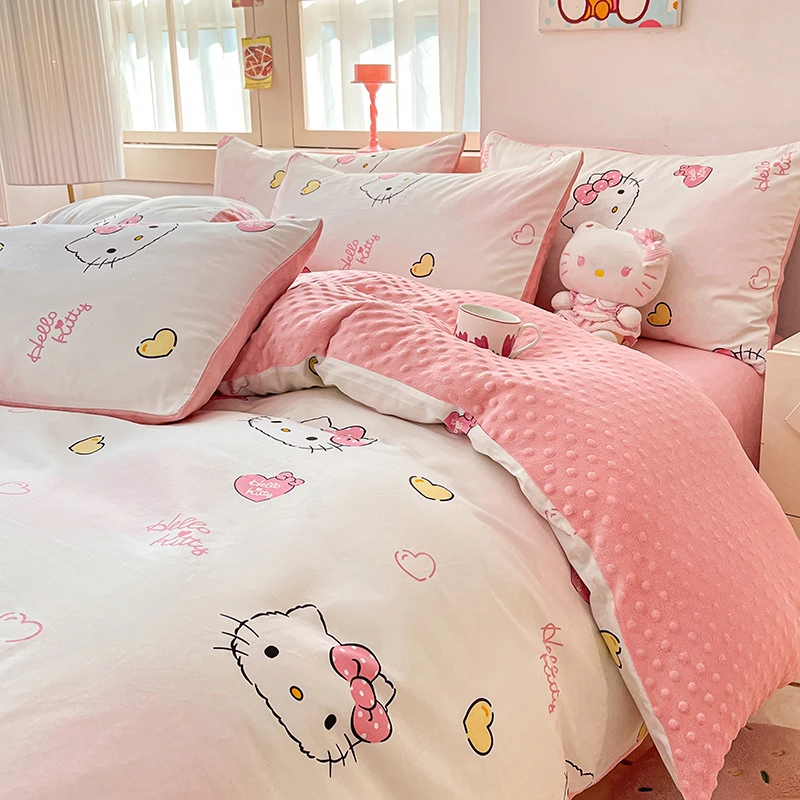 可爱A棉B豆豆绒四件套女孩少女心纯棉被套床单单人学生宿舍三件套