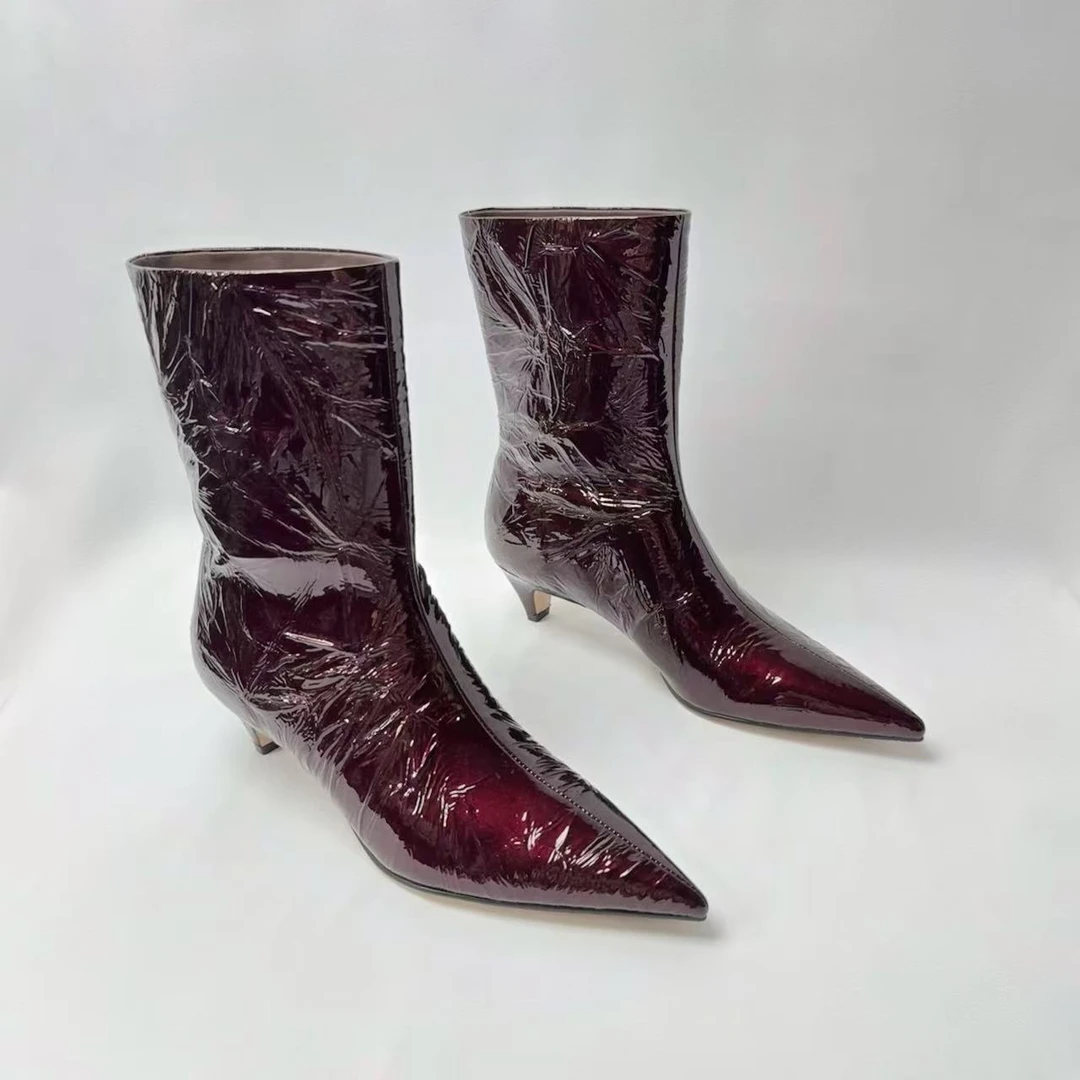 2024秋冬新款时尚百搭气质优雅时装靴聚会拍照必备短靴尖头漆皮