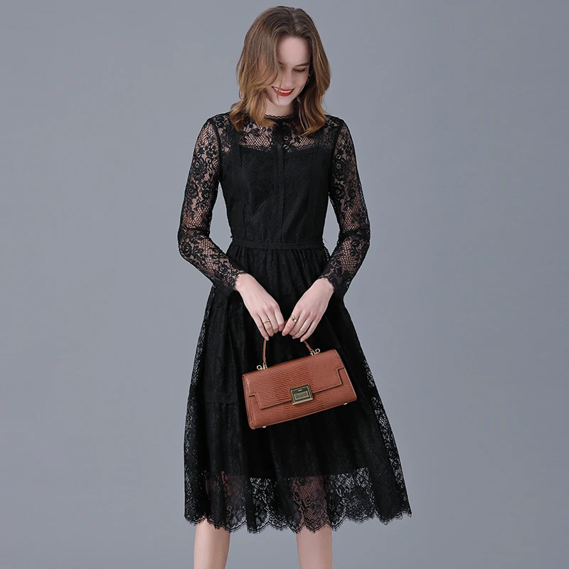 欧美风大码蕾丝连衣裙微胖加大女装法式显瘦黑色打底长裙200斤