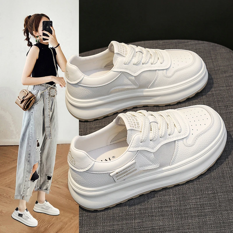 厚底网面透气小白鞋女鞋子2024夏季新款百搭增高休闲运动板鞋女款