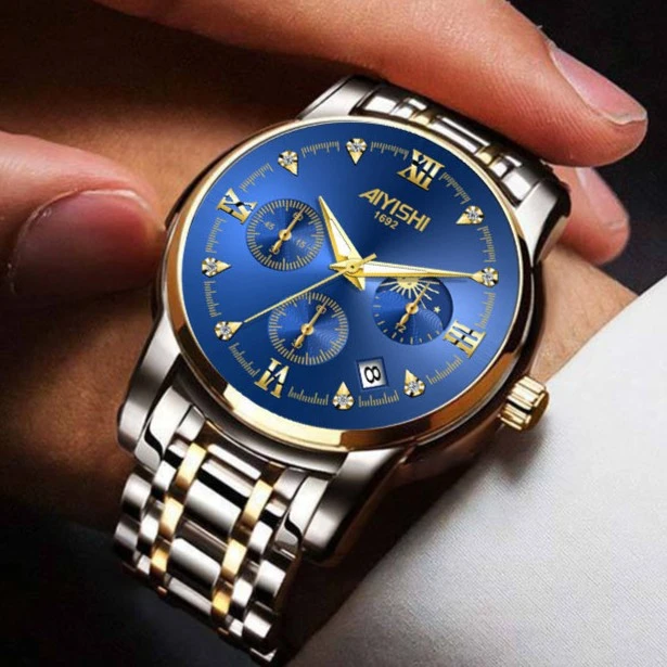 瑞士机芯男士手表全自动多功能防水夜光石英腕表皮带日历款时尚