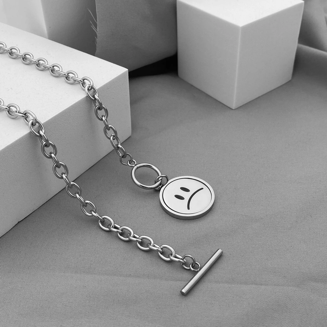 钛钢项链 中性风转动笑脸哭脸嘻哈简约潮流男女吊坠毛衣链卫衣链