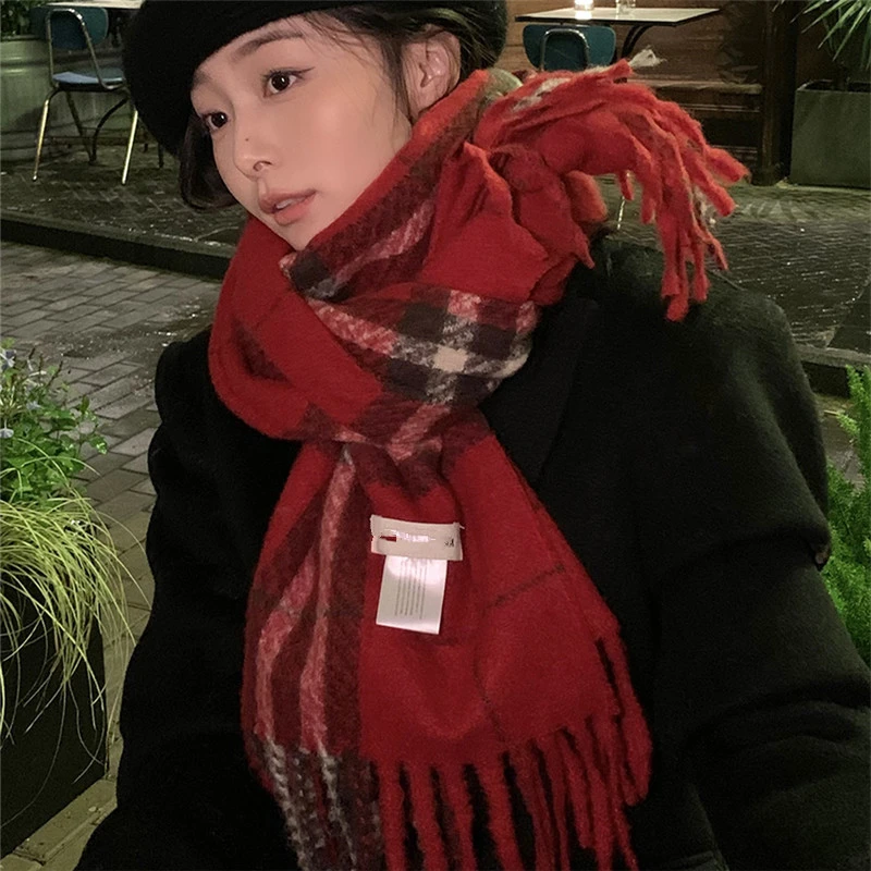 双面红色格子围巾冬季女仿羊绒保暖围巾韩系学生围脖
