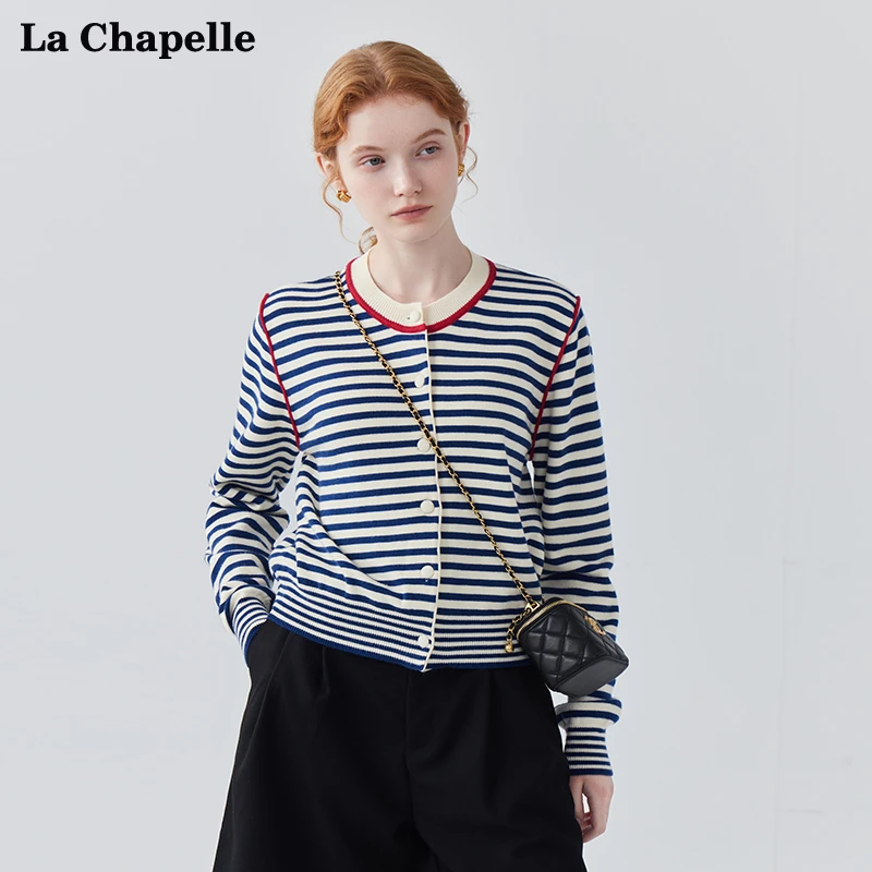 拉夏贝尔LaChapelle简约圆领拼色条纹宽松百搭长袖针织开衫女春季