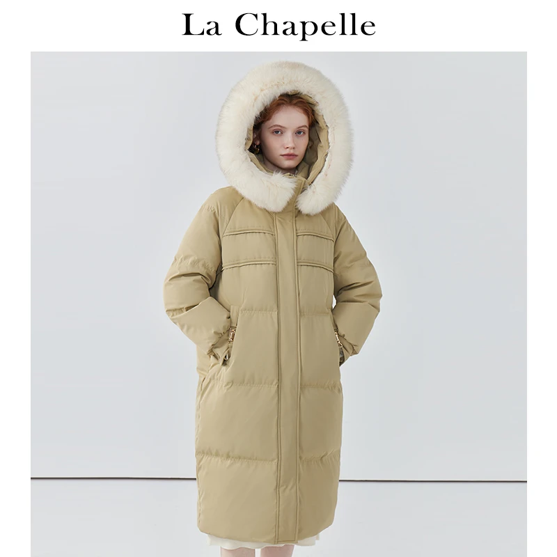 拉夏贝尔LaChapelle金属扣毛领连帽中长款羽绒服女冬加厚保暖外套