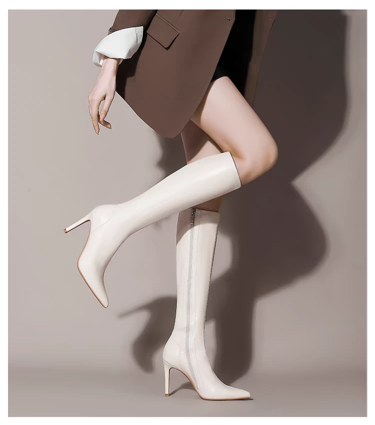 尖头高跟长靴2024年新款细跟高筒女靴侧拉链骑士靴白色性感瘦瘦靴