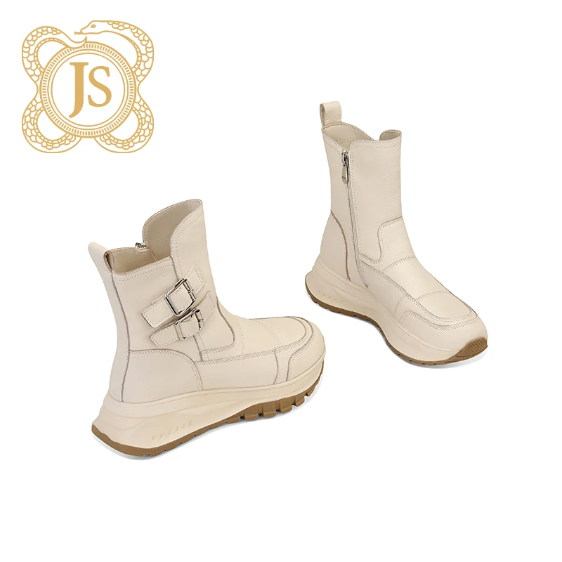 已开价，360Z880-1新颖设计皮带扣米色真皮防滑底加绒加厚雪地靴