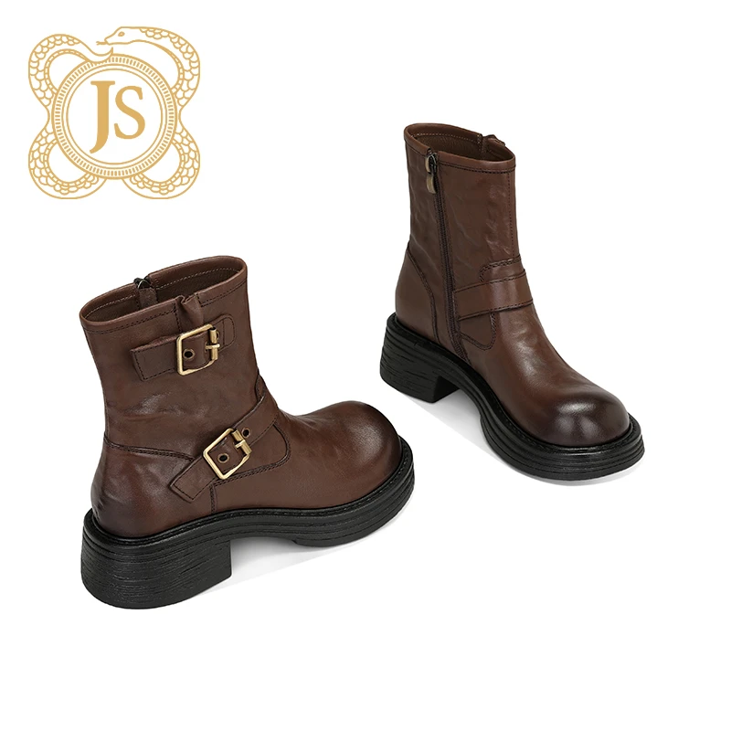 已开价，19Z612011B英伦帅气圆头靴子美拉德西部厚底中筒靴女真皮