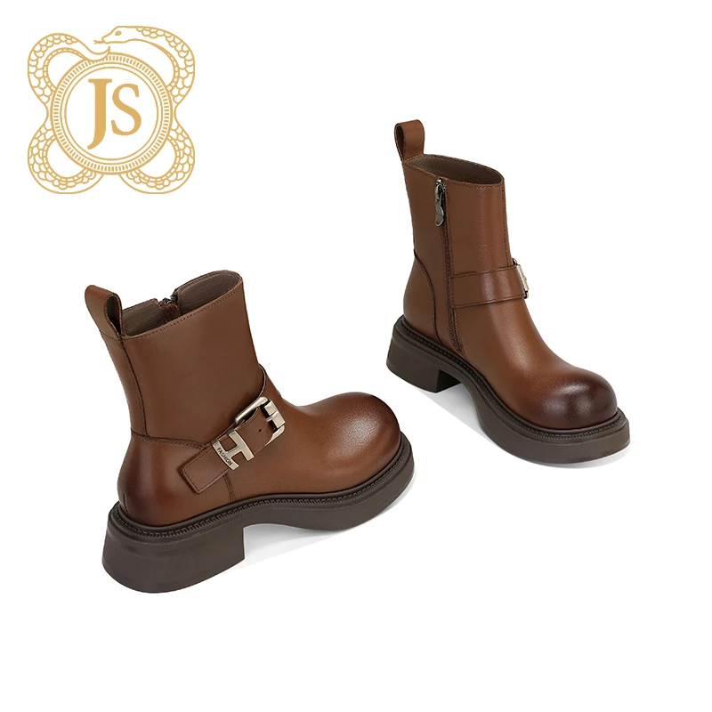 已开价，96Z638-5撞色圆头厚底短靴女小个子时尚皮带扣中筒靴女