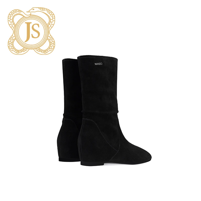 已开价，316S8695-8186尖头显瘦翻毛皮短靴内增高平底靴子中筒靴