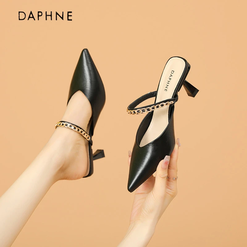 Daphne/达芙妮2024夏季新款尖头外穿网红高跟半拖百搭细跟仙女风