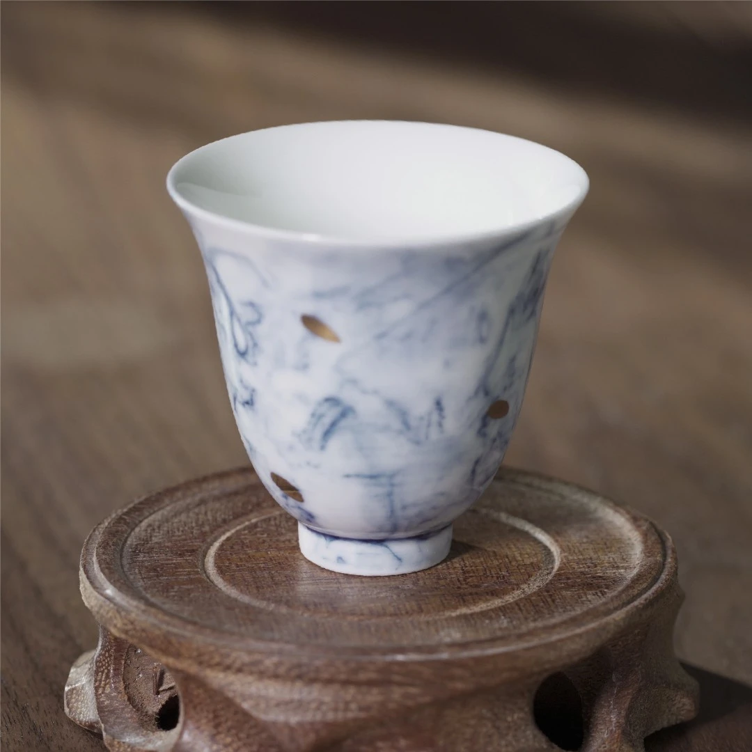 手绘水墨青花洒金陶瓷杯 - 景德镇匠人手制