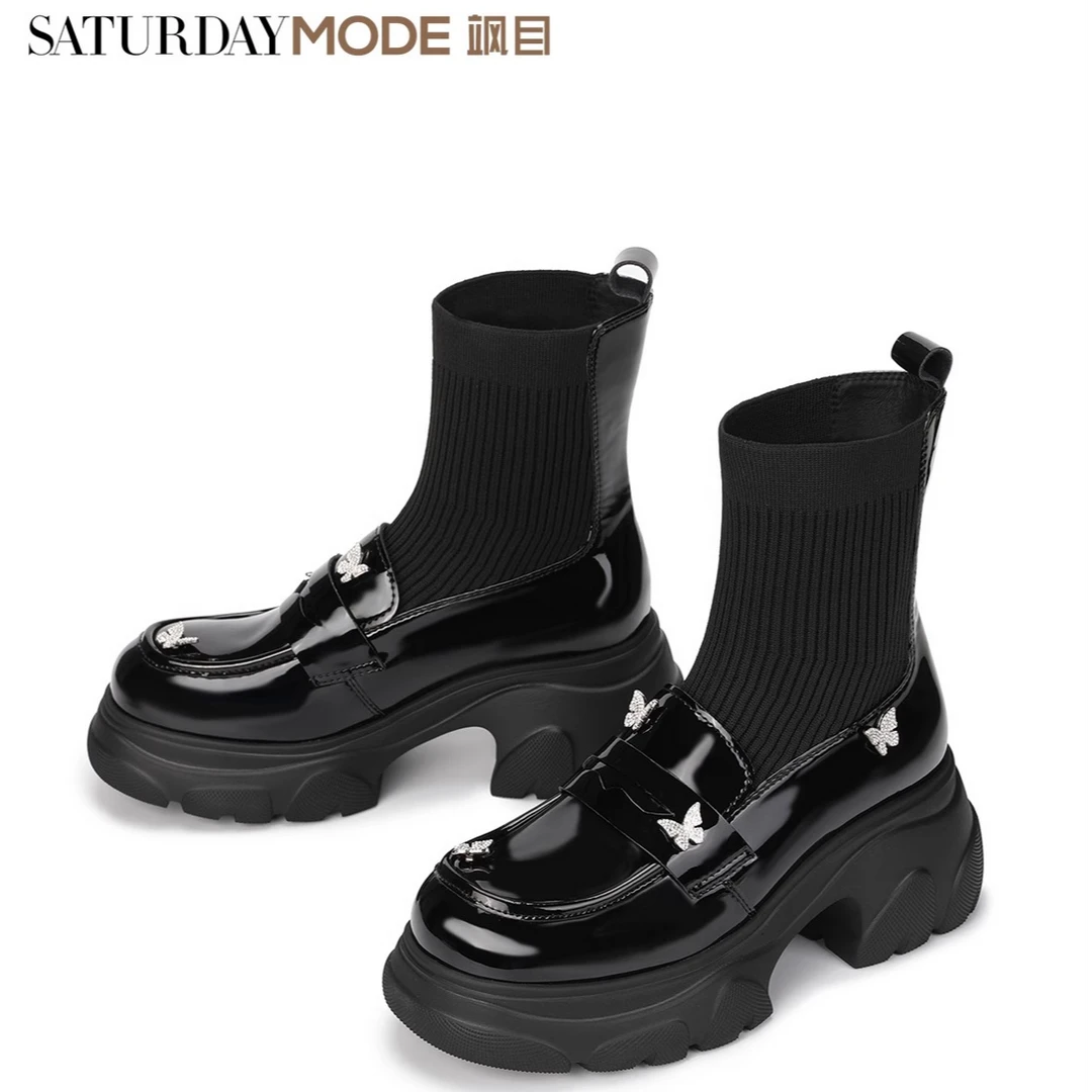 MD袜靴女2024秋冬新款厚底黑色乐福小皮鞋MD43116D12