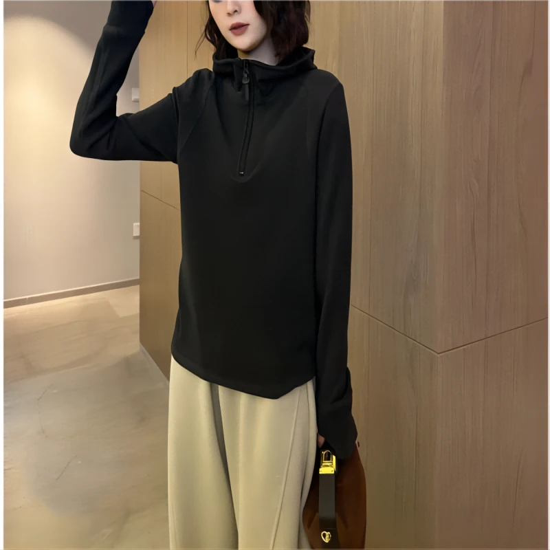 秋冬立领德绒保暖卫衣显瘦内搭纯色长袖时尚休闲百搭外穿连帽简约