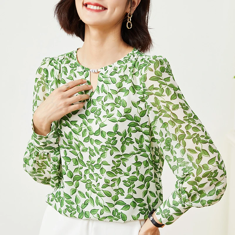 叶子印花灯笼袖垂感小衫小众设计感宽松优雅气质长袖圆领上衣