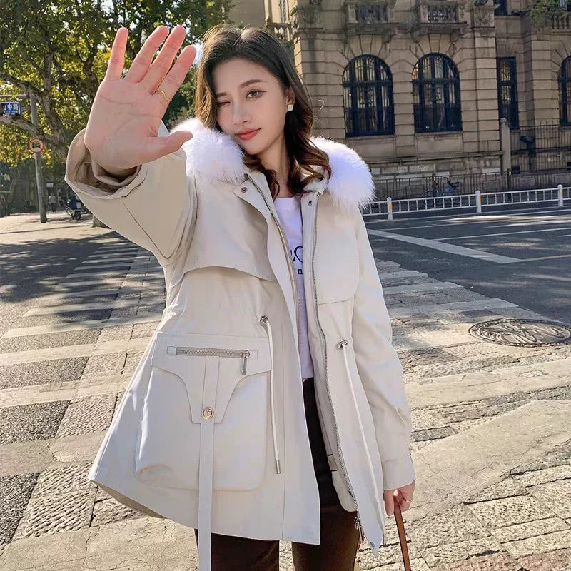 【万人迷】兔毛胆狐狸毛领派克服时尚休闲连帽加厚宽松女款保暖穿搭