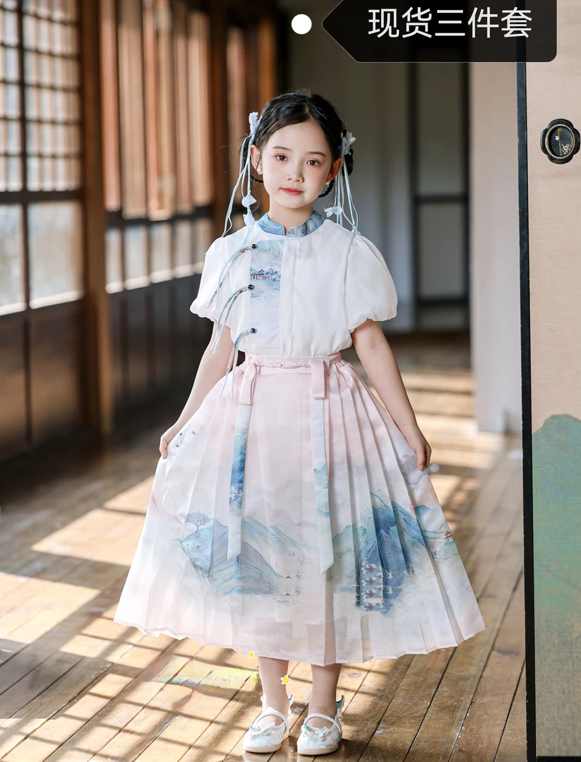 女童中国风汉服套装山水画马面裙夏季短袖新款新中式半裙高级品质
