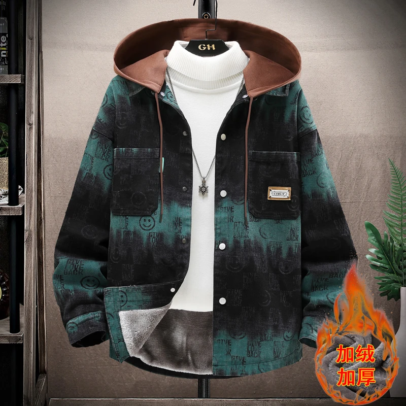 加绒加厚牛仔外套男士秋冬季新款宽松保暖带帽夹克潮流百搭上衣服