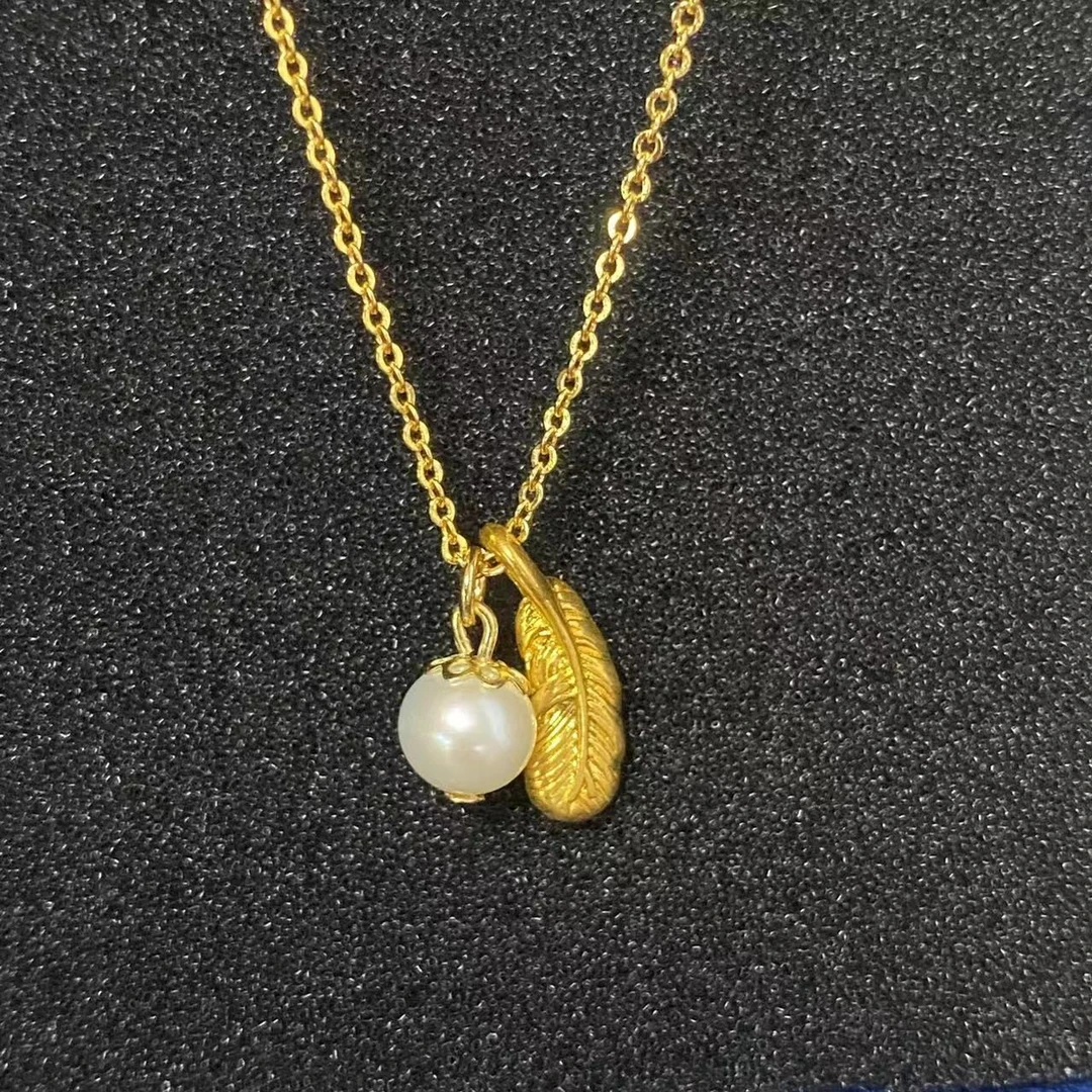 足金羽毛吊坠珍珠滴流@@A142