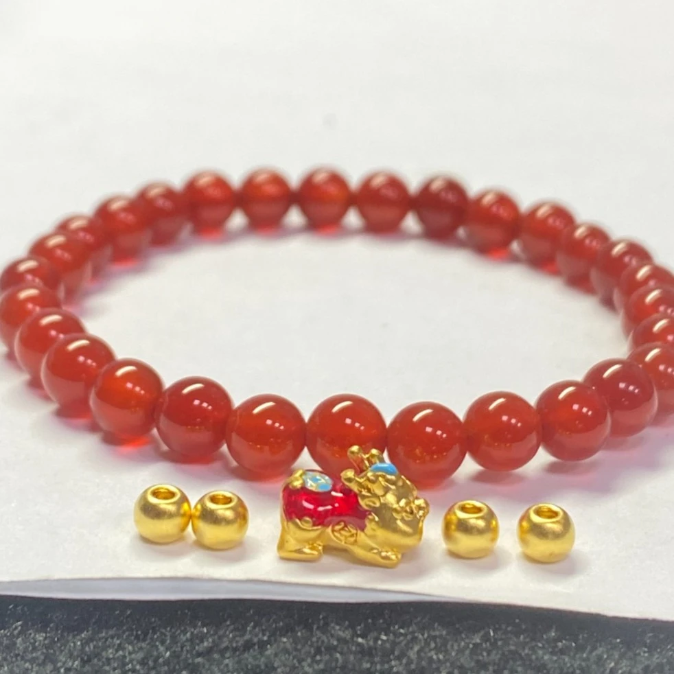 足金999大貔貅+4颗卡4古法金珠红 玛 瑙手串@@A111-3-2