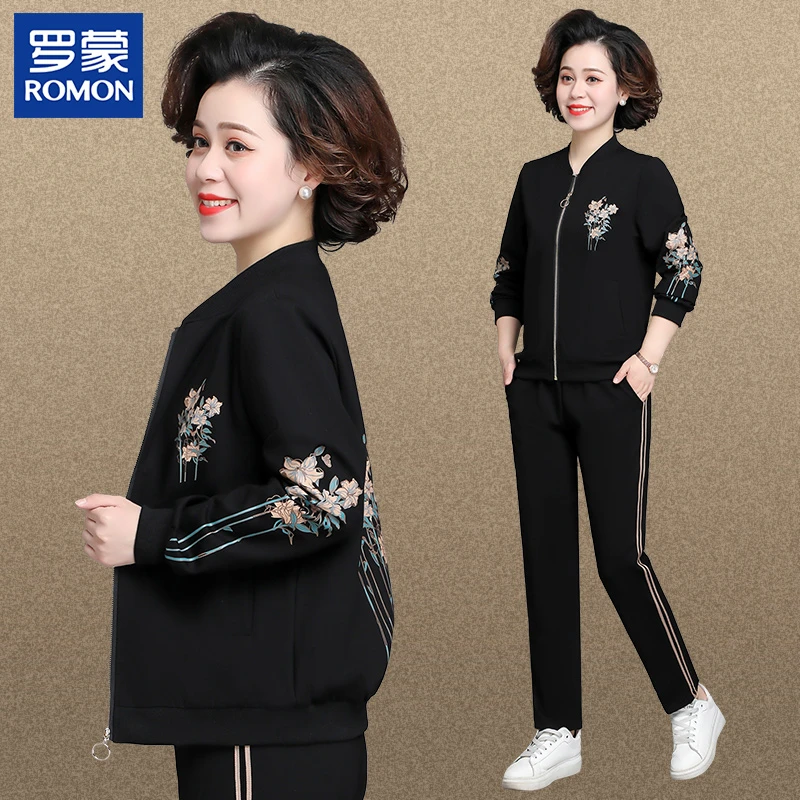 罗蒙妈妈春秋外套高档中老年女装秋装新款运动服套装中年上档次