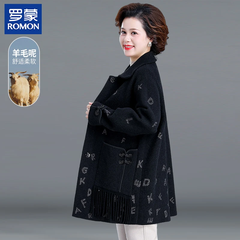 罗蒙名牌妈妈秋冬羊毛呢外套新款洋气中年中长款风衣中老年冬季女