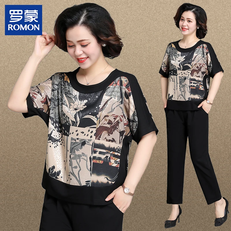 罗蒙中老年妈妈装短袖t恤女上衣两件套母亲节夏装高贵上档次女装