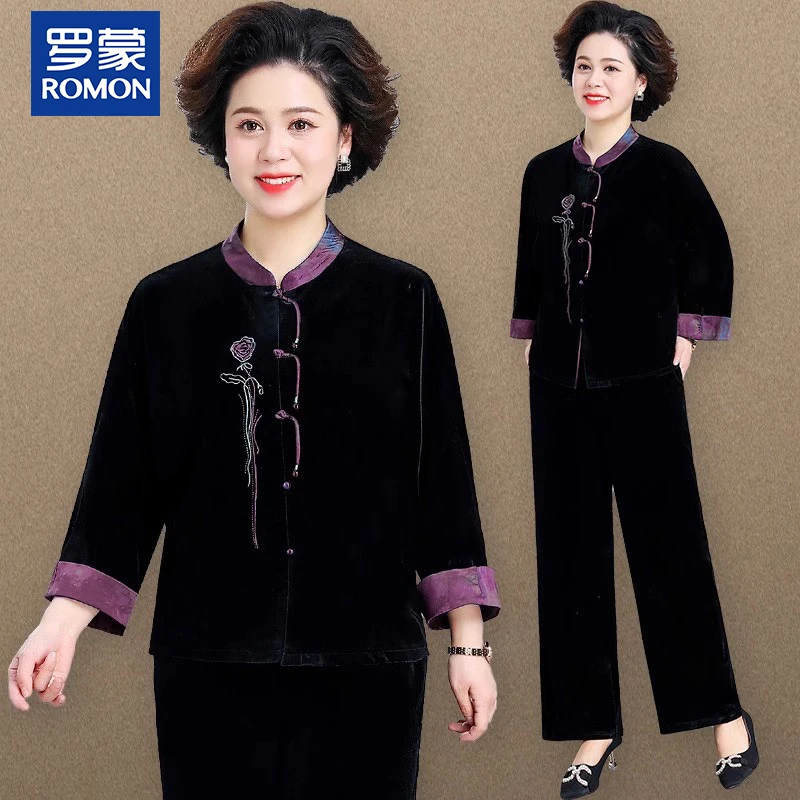 罗蒙妈妈装秋季国风两件套新款中年高档外套中老年女宽松显瘦套装