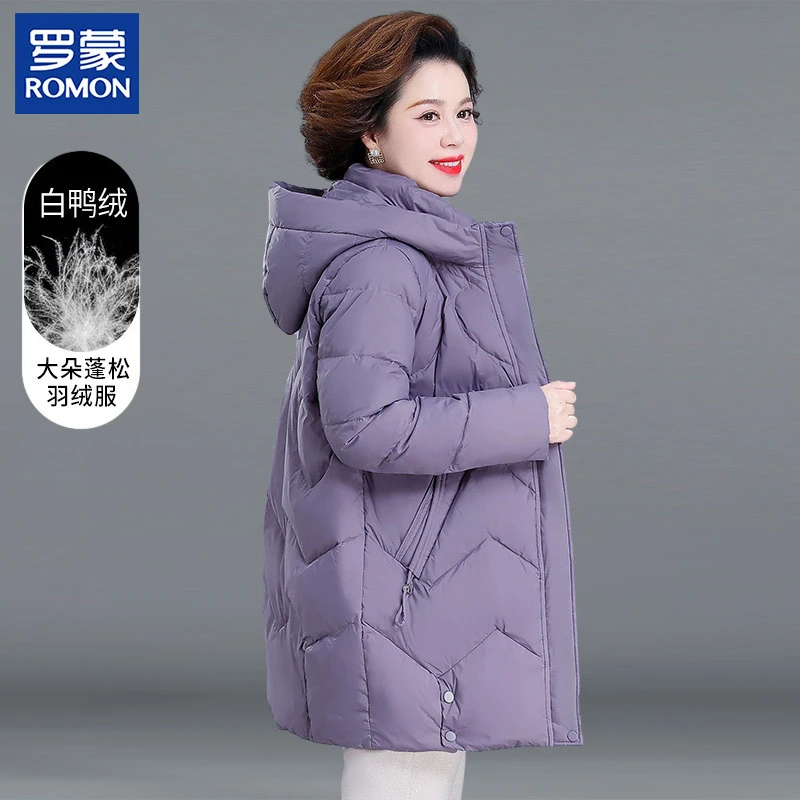 罗蒙妈妈冬装白鸭绒外套2025新款中老年冬季连帽中长款保暖羽绒服