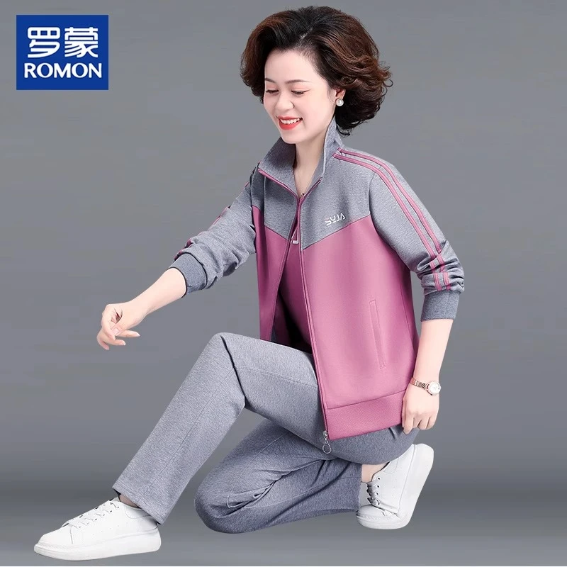 罗蒙中老年女装运动套装新款妈妈时尚春装春秋拼色外套中年三件套