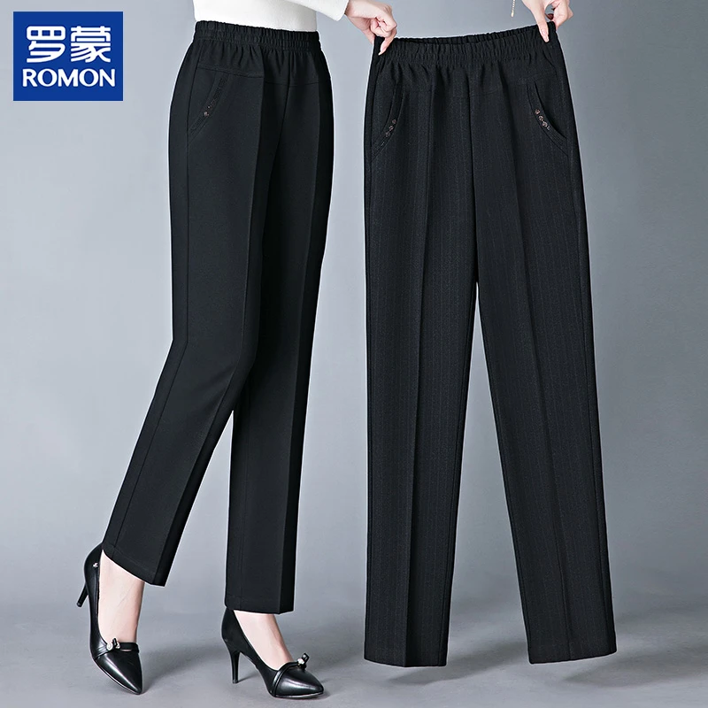 罗蒙妈妈春季时尚松紧腰宽松休闲裤子新款春秋中老年大码直筒女裤