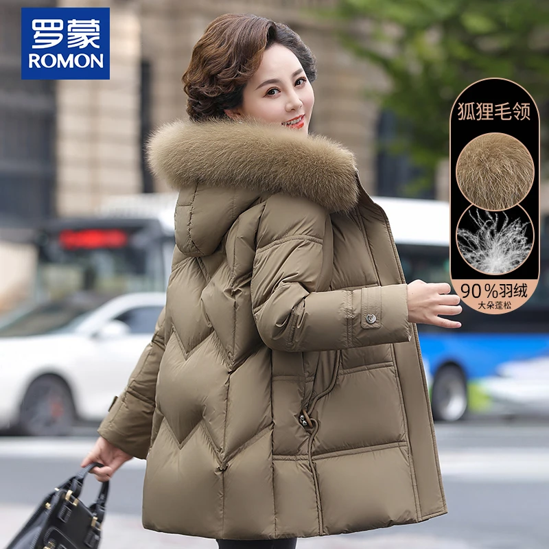 罗蒙妈妈冬装中长款真狐狸毛领90绒羽绒服新款中老年女装加厚外套