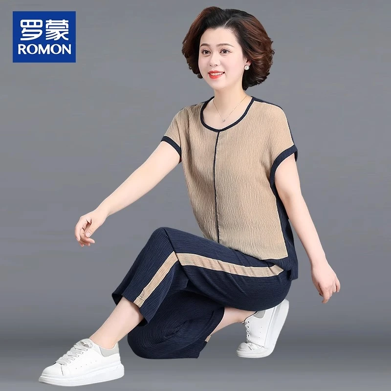 罗蒙妈妈装夏季两件套2025新款中年时尚减龄拼接上衣中老年女套装