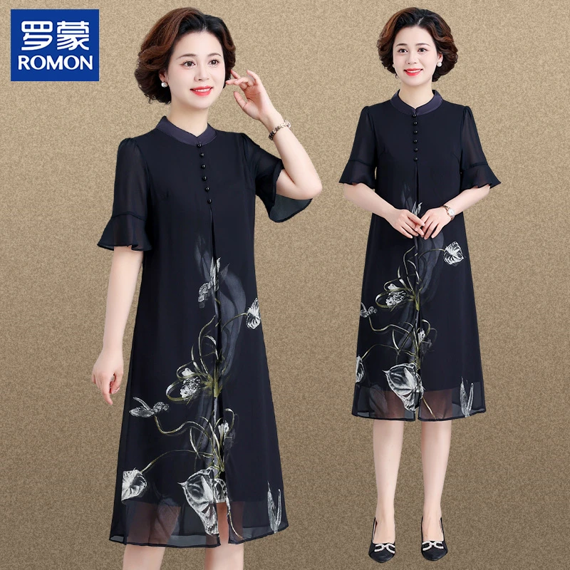 罗蒙中年女装妈妈夏装女士妈妈装连衣裙高贵上档次女装夏季薄裙子