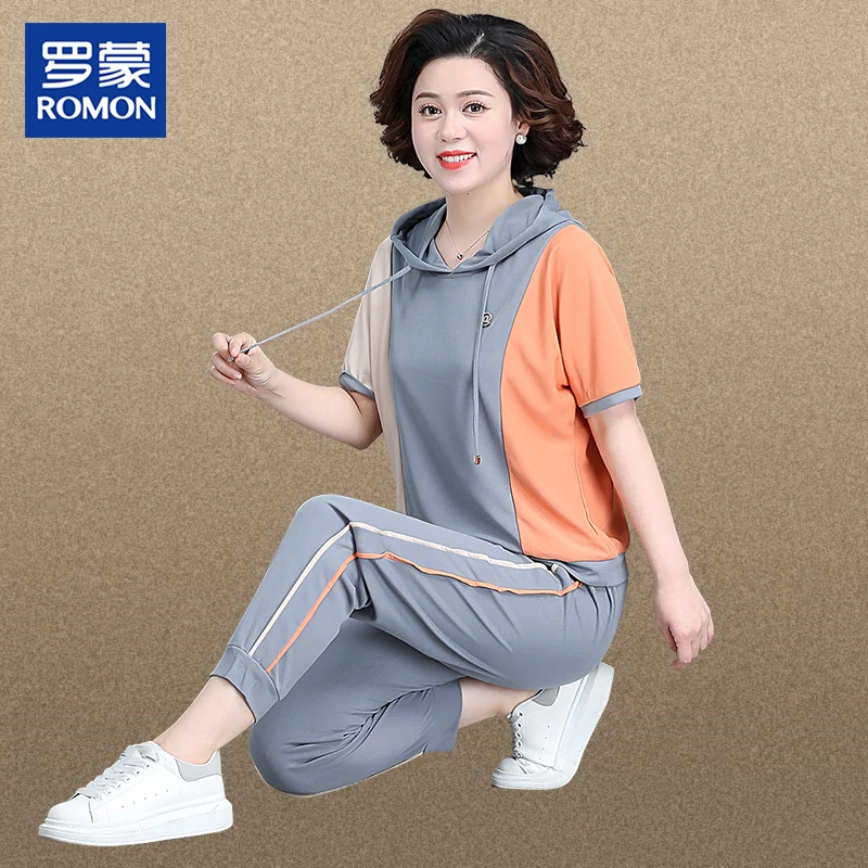 罗蒙中老年妈妈装春季运动套装2025新款中老年女士连帽时尚两件套