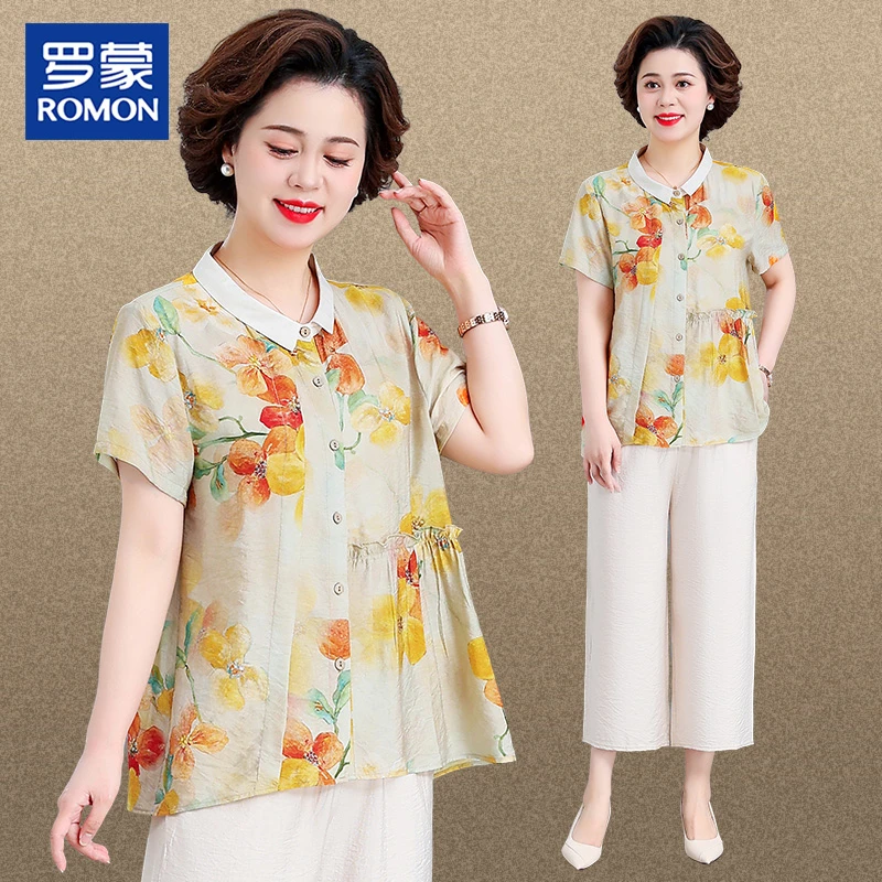 Romon/罗蒙品牌妈妈夏装套装新款中老年女夏季棉麻短袖薄款两件套