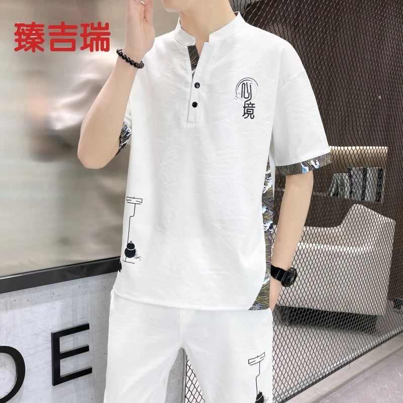 夏季冰丝薄款男士休闲套装中式印花宽松复古中国风男装短袖唐装